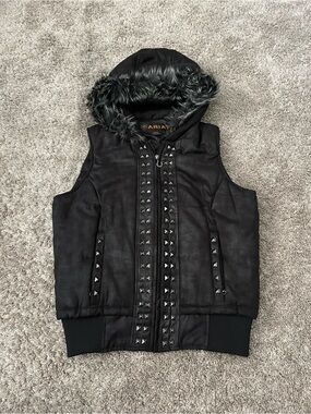 Ariat Faux Leather Studded Hooded Vest Womens Medium M Black Faux Fur Trim